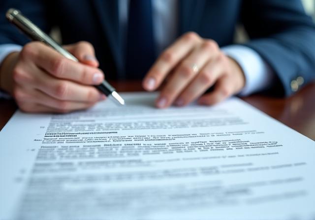 Close up of a professional lawyer reviewing a complex legal document with a fountain pen