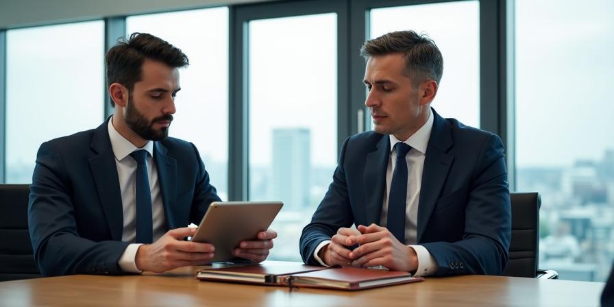 Modern boardroom setting with legal professionals discussing risk assessment
